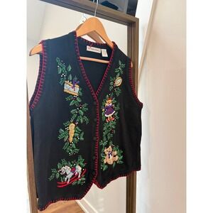 Victoria Jones Vintage Christmas Sweater Vest Black Embroidered Teddy Bear Large